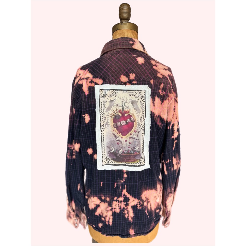 Bleach Dyed Western Flannel Sacred Heart Patch Shirt M/L - Picture 2 of 8
